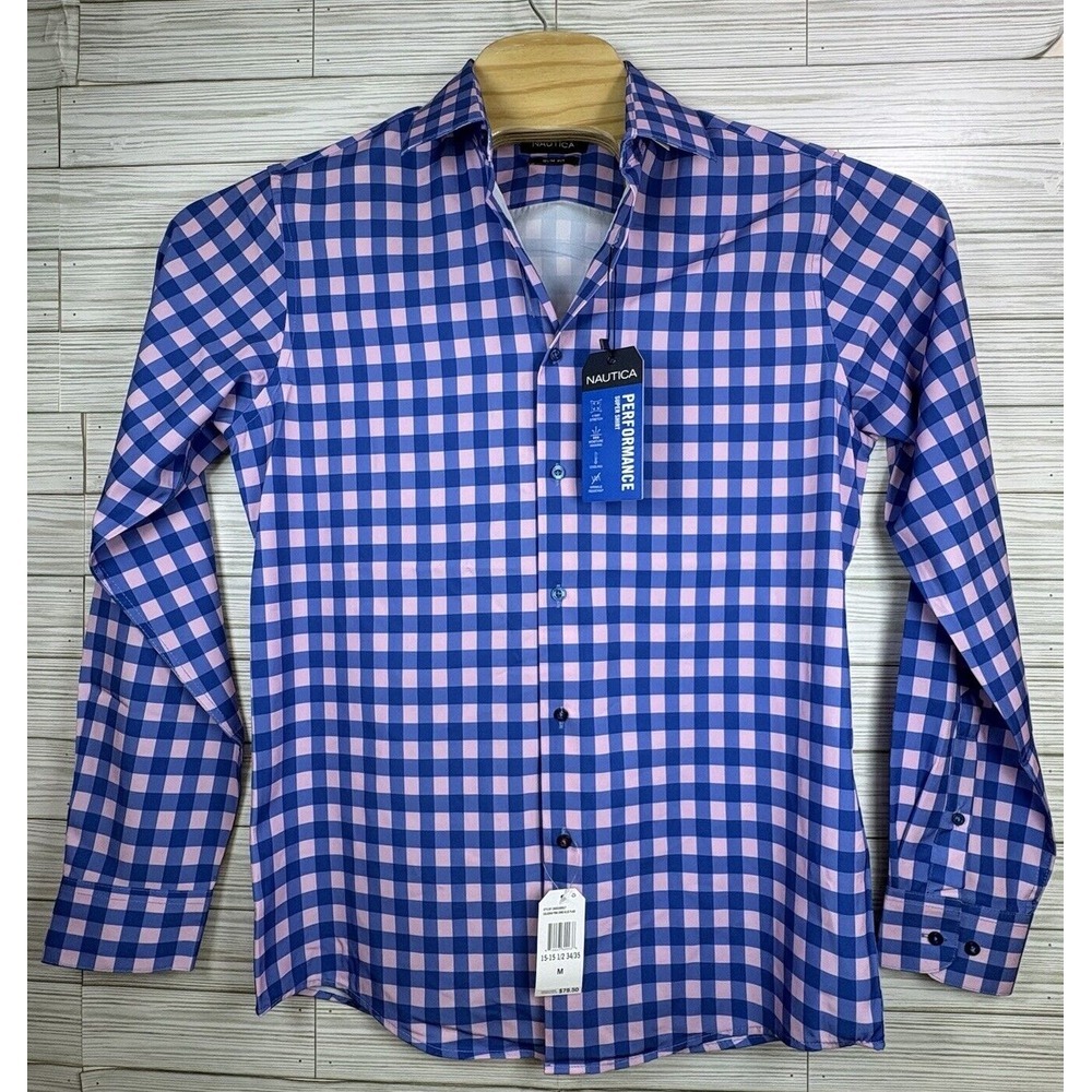 NWT NAUTICA Men's Performance Golf Blue Pink Check Sz Med‎ Button Up Shirt
